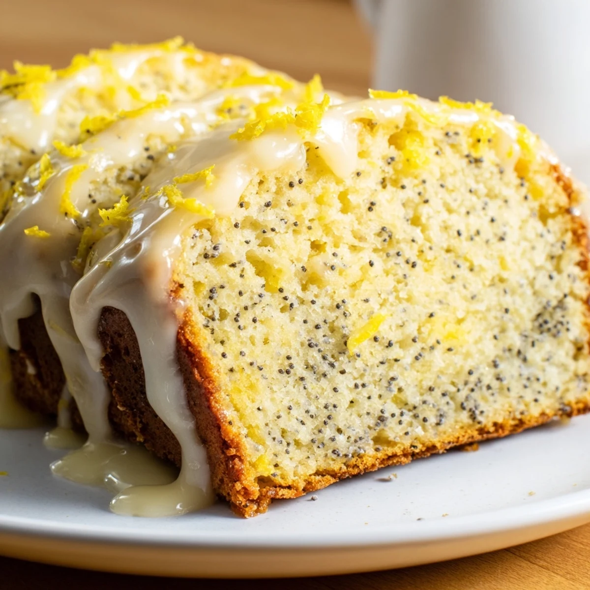 Golden Lemon Poppy Seed Loaf with zesty glaze drizzled over the top, perfect for brunch.