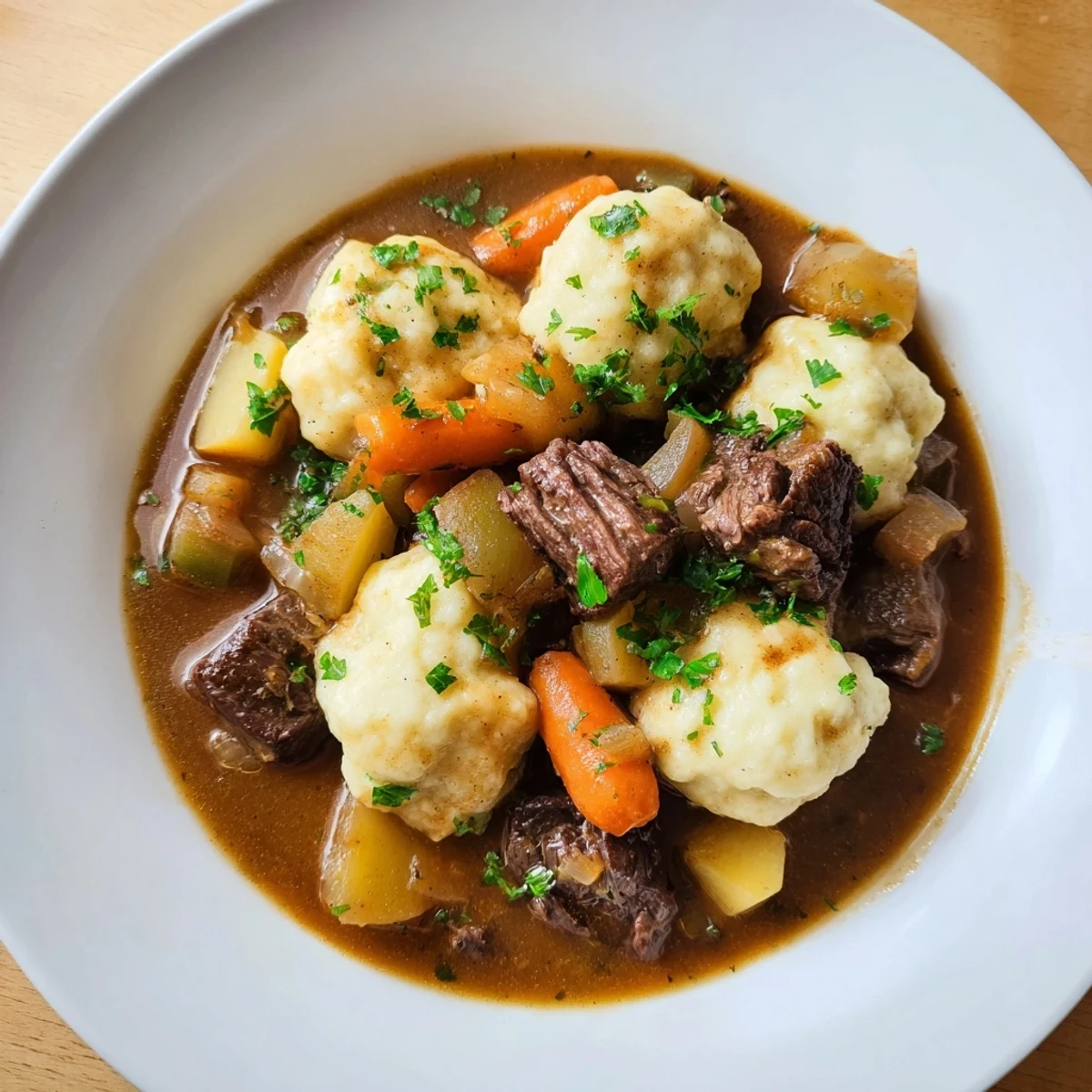 Steaming Irish Beef Stew with Dumplings in a rustic Dutch oven, featuring tender beef chunks and golden fluffy dumplings.