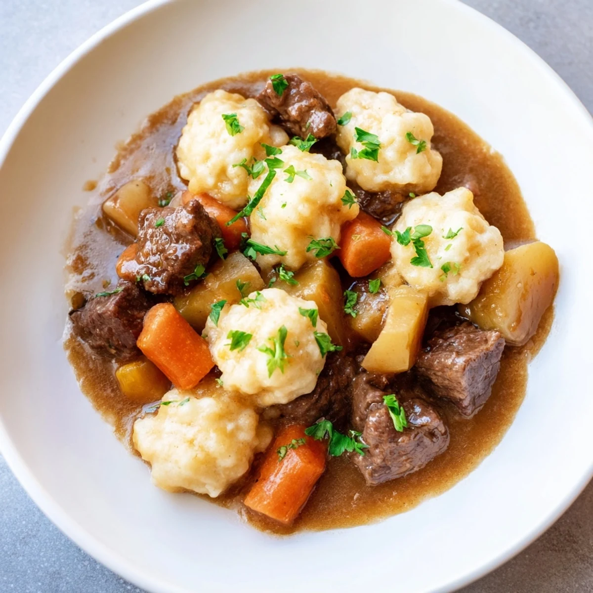 Homemade Irish Beef Stew with Dumplings served in a white ceramic bowl, garnished with fresh parsley and pepper.