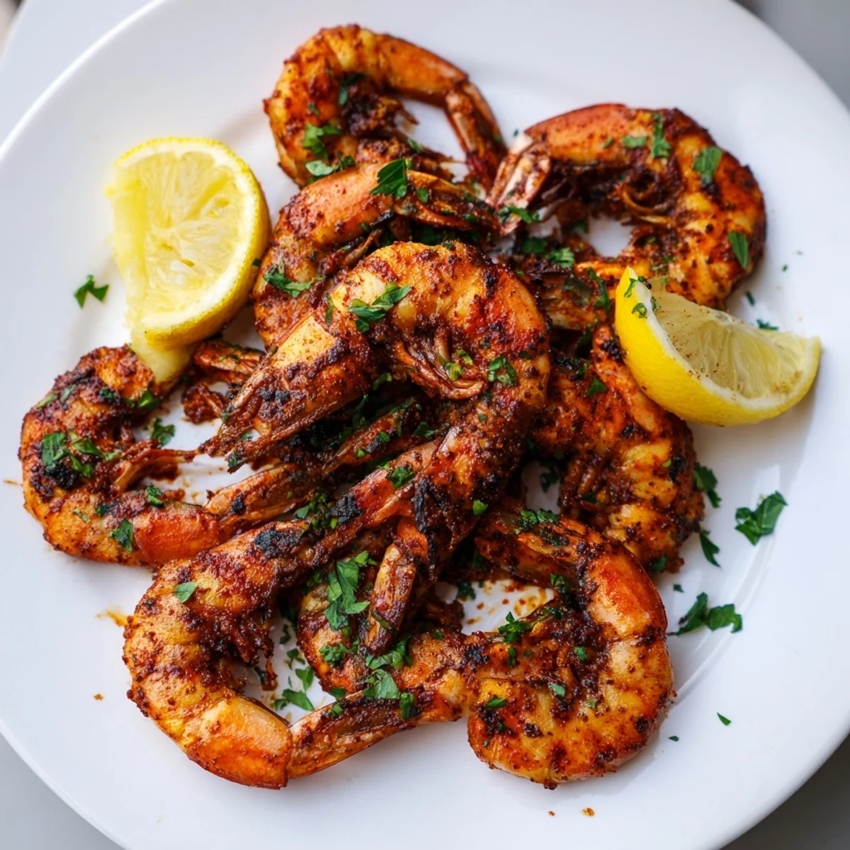 A close-up of seasoned Cajun Spiced Grilled Shrimp skewers resting on a rustic wooden serving board.