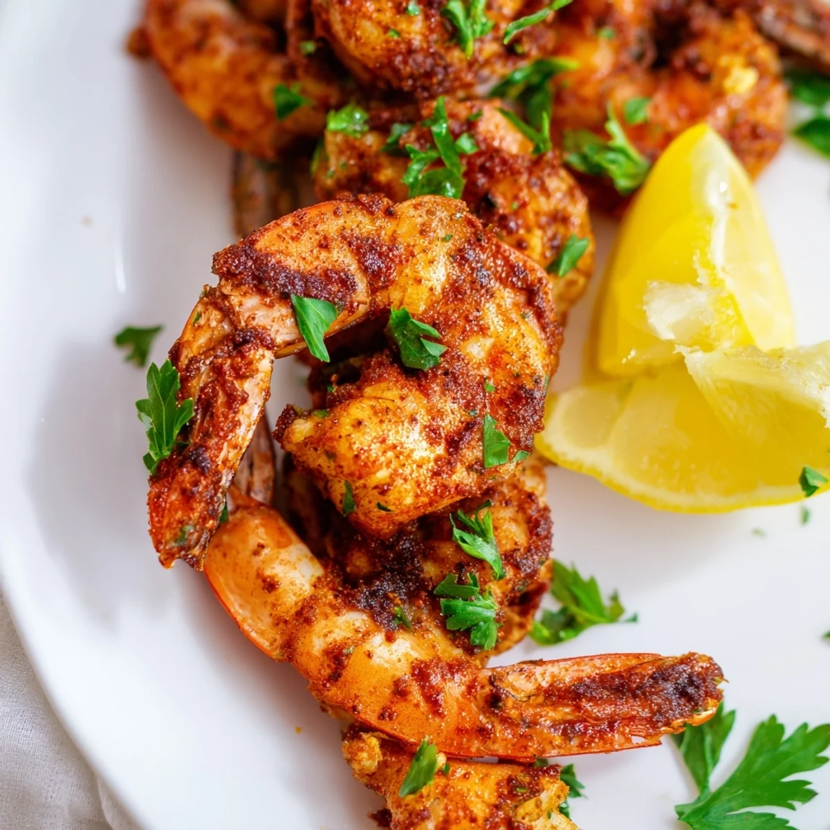 Brightly charred Cajun Spiced Grilled Shrimp sizzling on a plate with fresh lemon wedges and parsley.