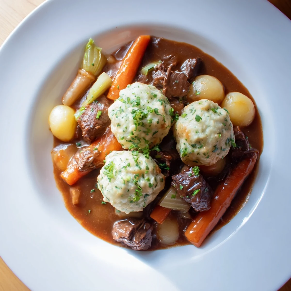 A bowl of Irish Beef Stew with Herb Dumplings steaming with tender beef and vegetables, topped with fluffy green-flecked dumplings ready to serve.