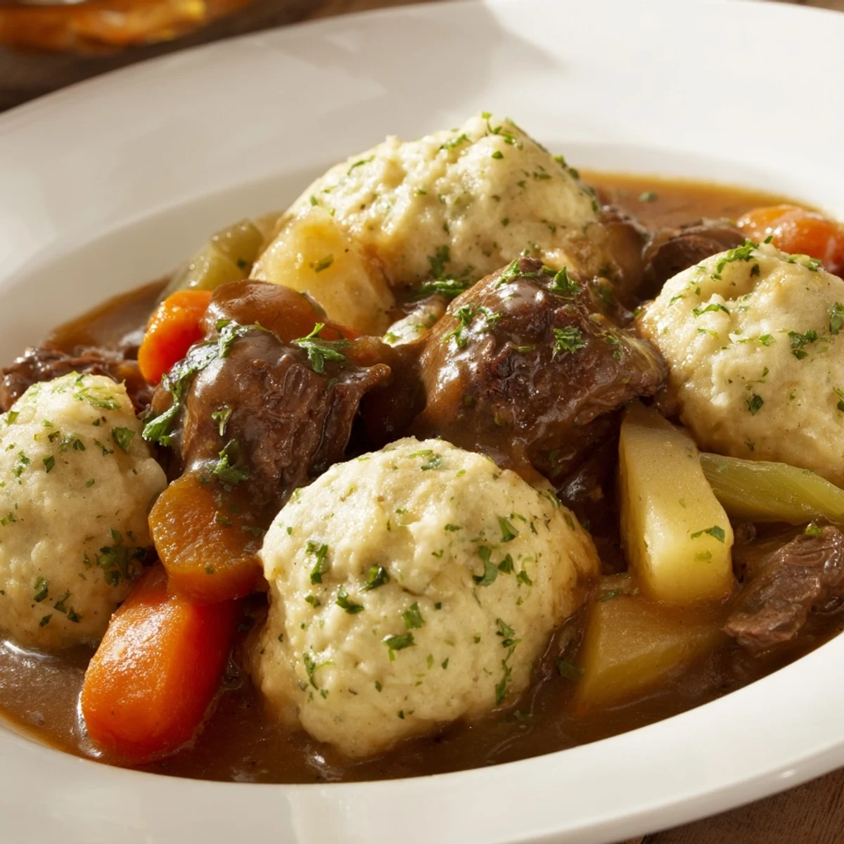 Close-up of Irish Beef Stew with Herb Dumplings in a rustic pot, rich brown gravy, carrots, parsnips, and golden herb dumplings peeking out.