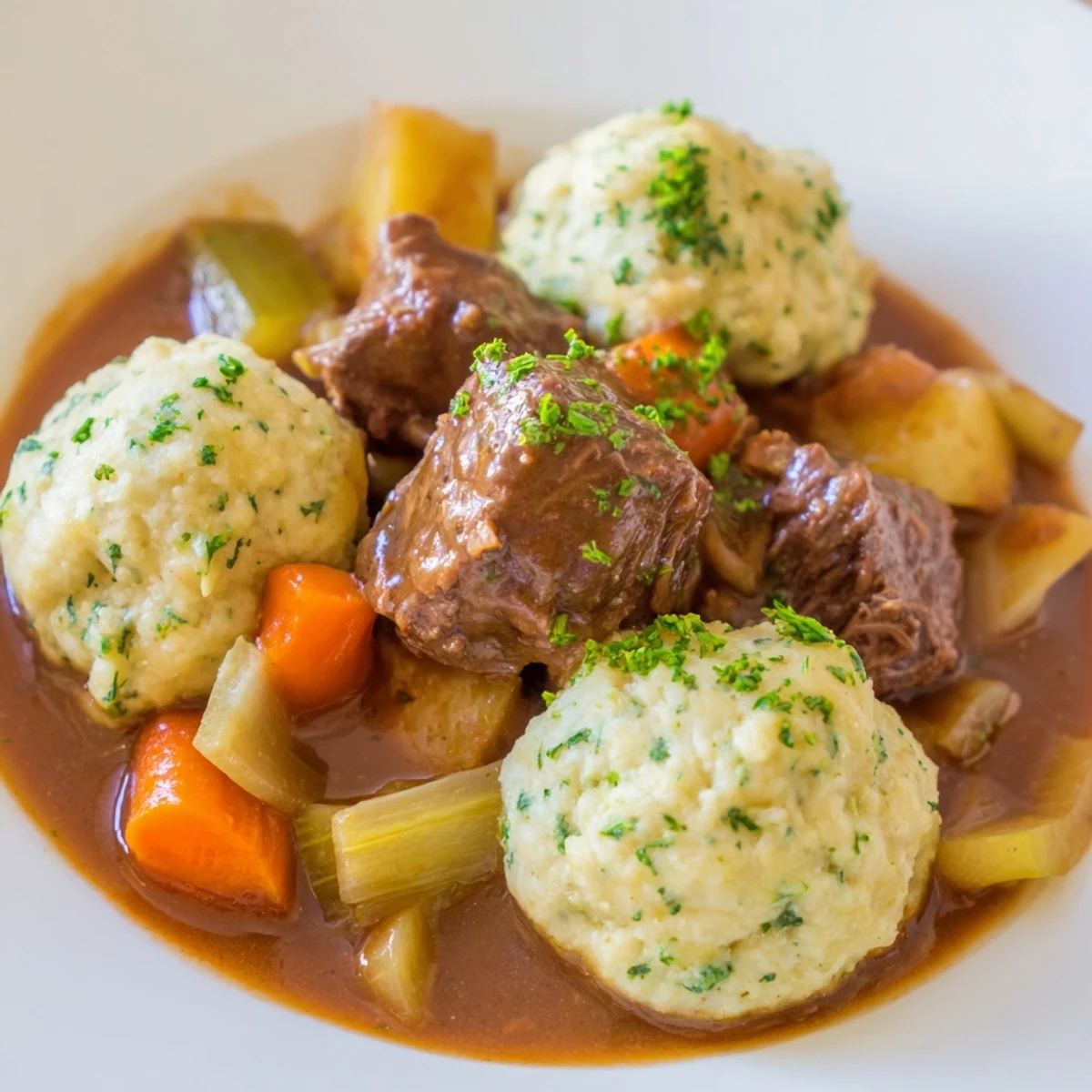 Hearty Irish Beef Stew with Herb Dumplings in a white bowl, garnished with fresh parsley, perfect comfort food on a cold day.