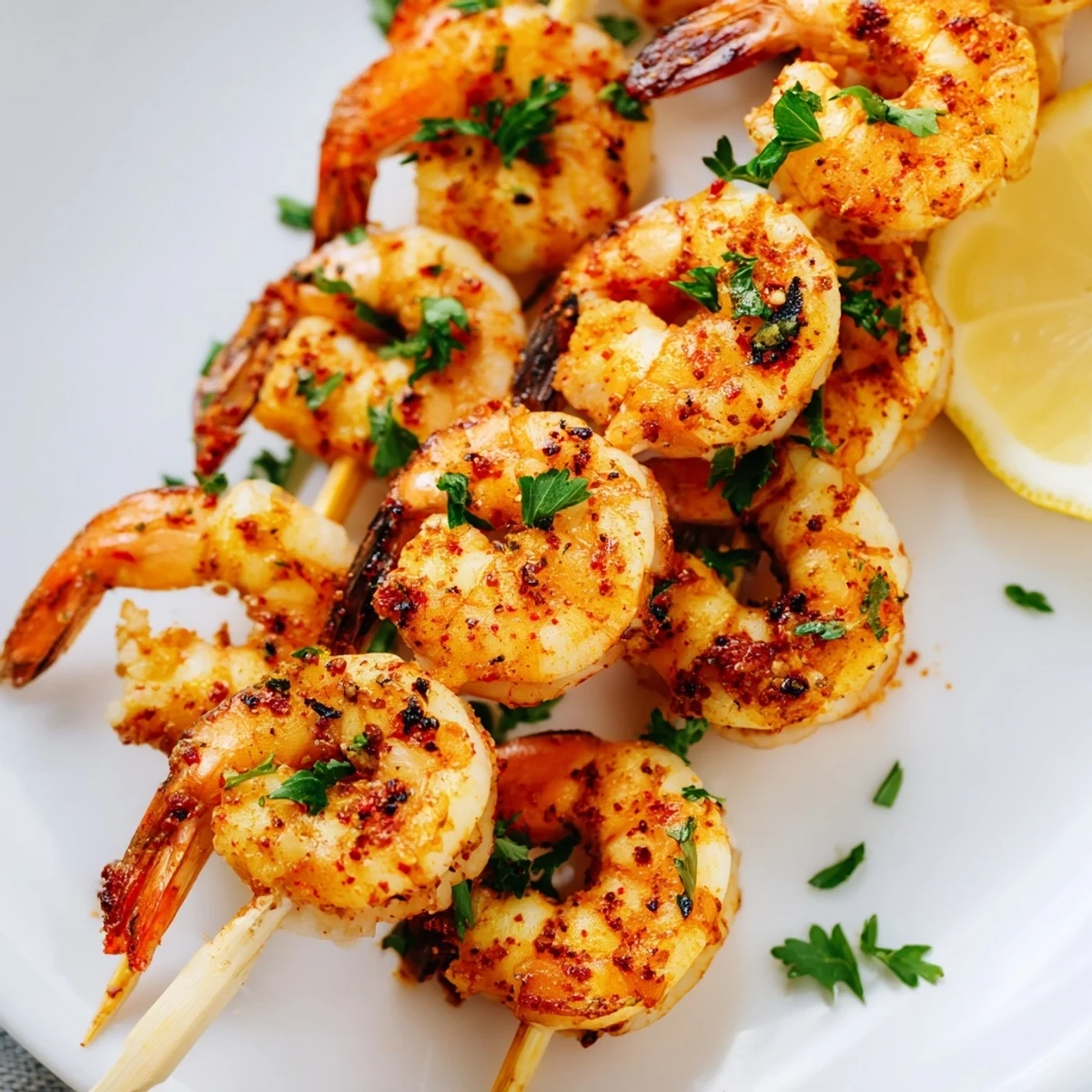 Juicy Cajun Spiced Grilled Shrimp Skewers are sizzling on a grill grate, featuring plump shrimp with a smoky char.