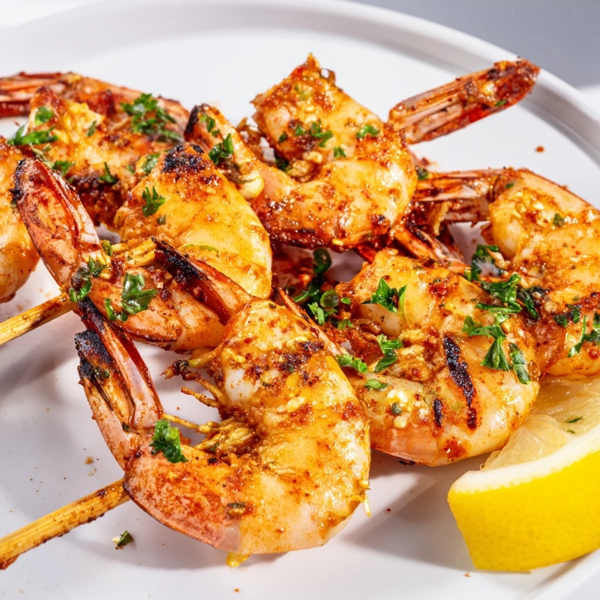 Golden-brown Cajun Spiced Grilled Shrimp Skewers rest on a white platter with fresh lemon wedges and parsley garnish.