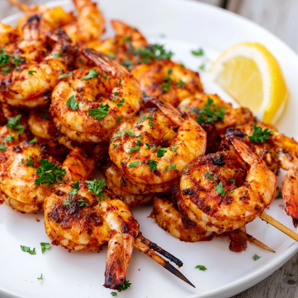 Close-up view of Cajun Spiced Grilled Shrimp Skewers showing the bold spice crust and succulent pink shrimp interior.