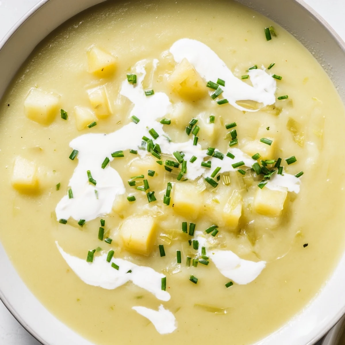 Creamy Potato and Leek Soup with Cream served in a rustic mug beside crusty bread.