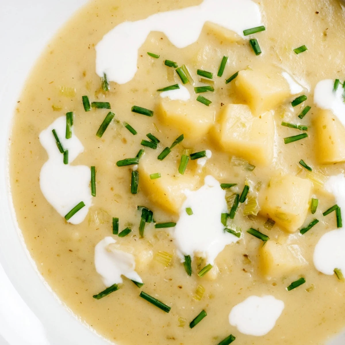 A warm bowl of Creamy Potato and Leek Soup with Cream garnished with fresh chives.