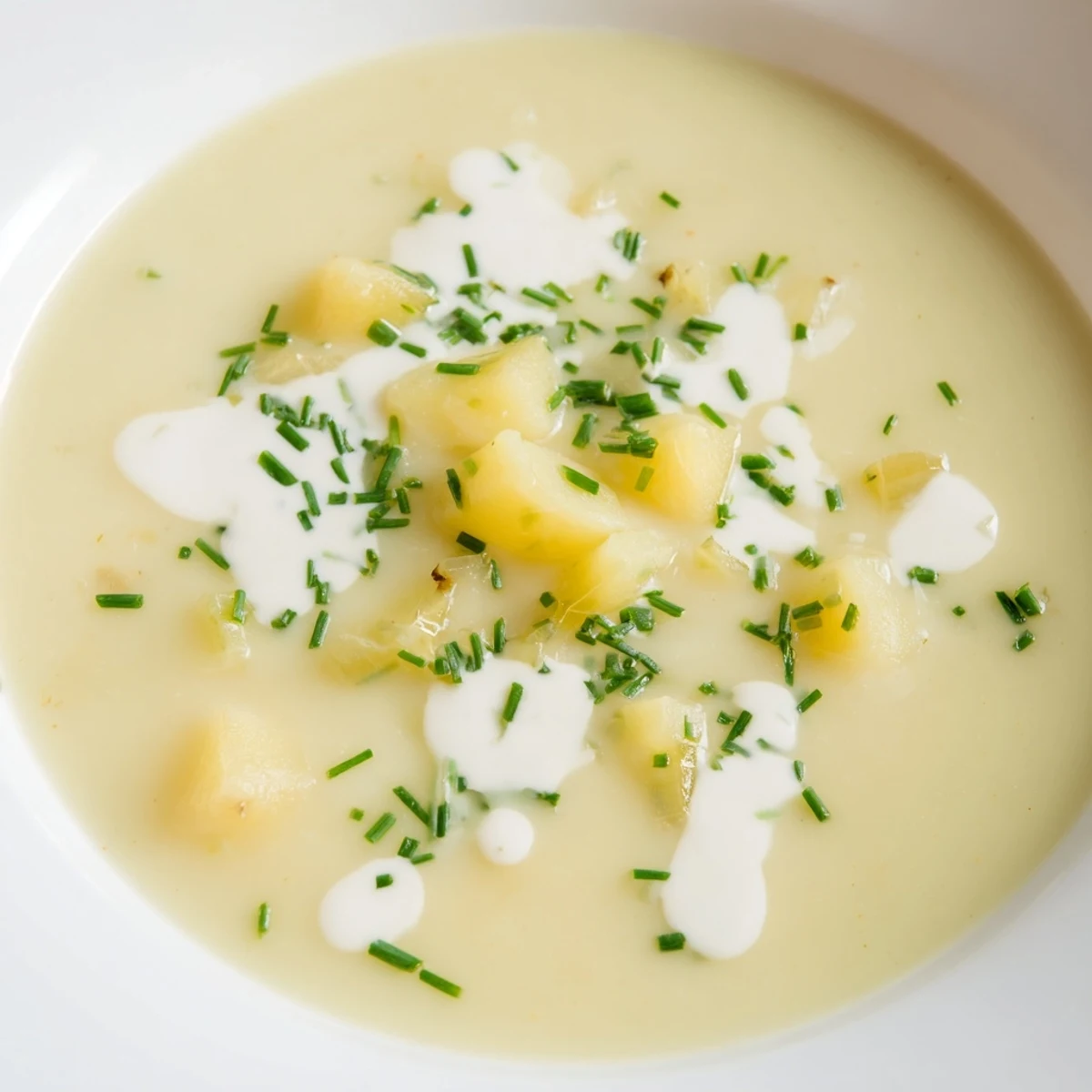 Steaming Creamy Potato and Leek Soup with Cream features velvety texture and rich, comforting flavor.