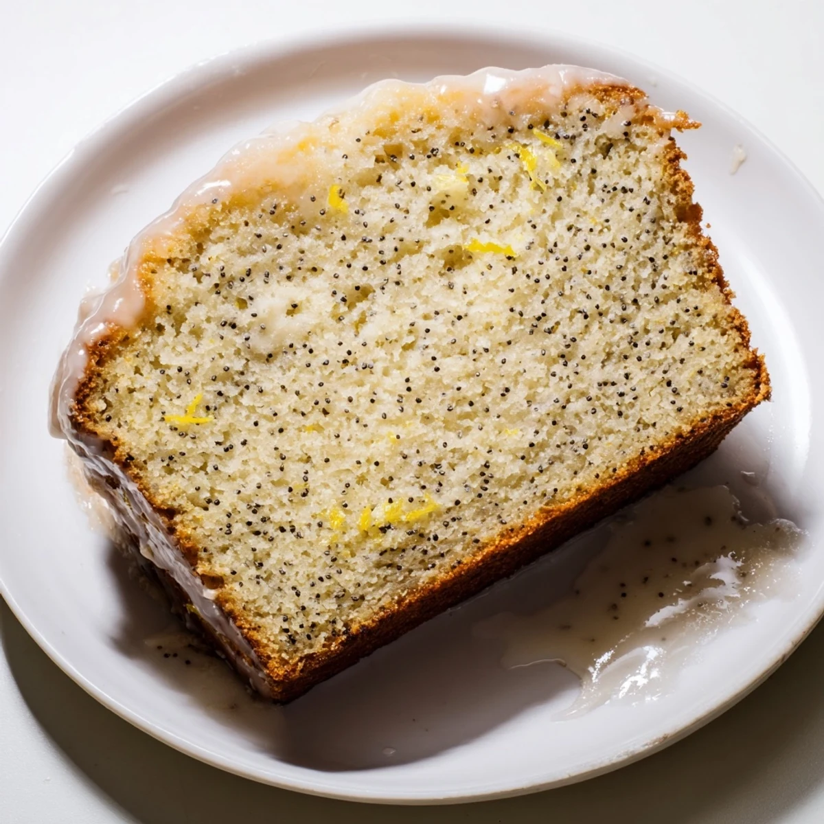 A sliced Lemon Poppy Seed Loaf Cake showing a moist crumb and glossy lemon glaze on a rustic wooden table.