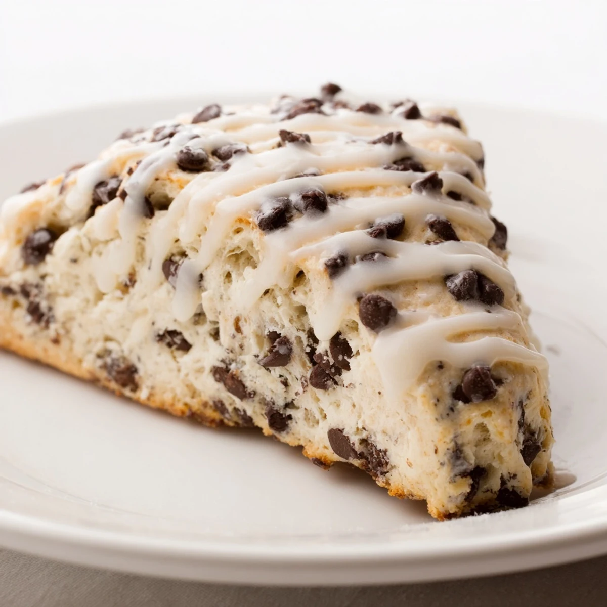 Golden-brown Chocolate Chip Scones with Vanilla Glaze on a wooden board, ready for breakfast with coffee.