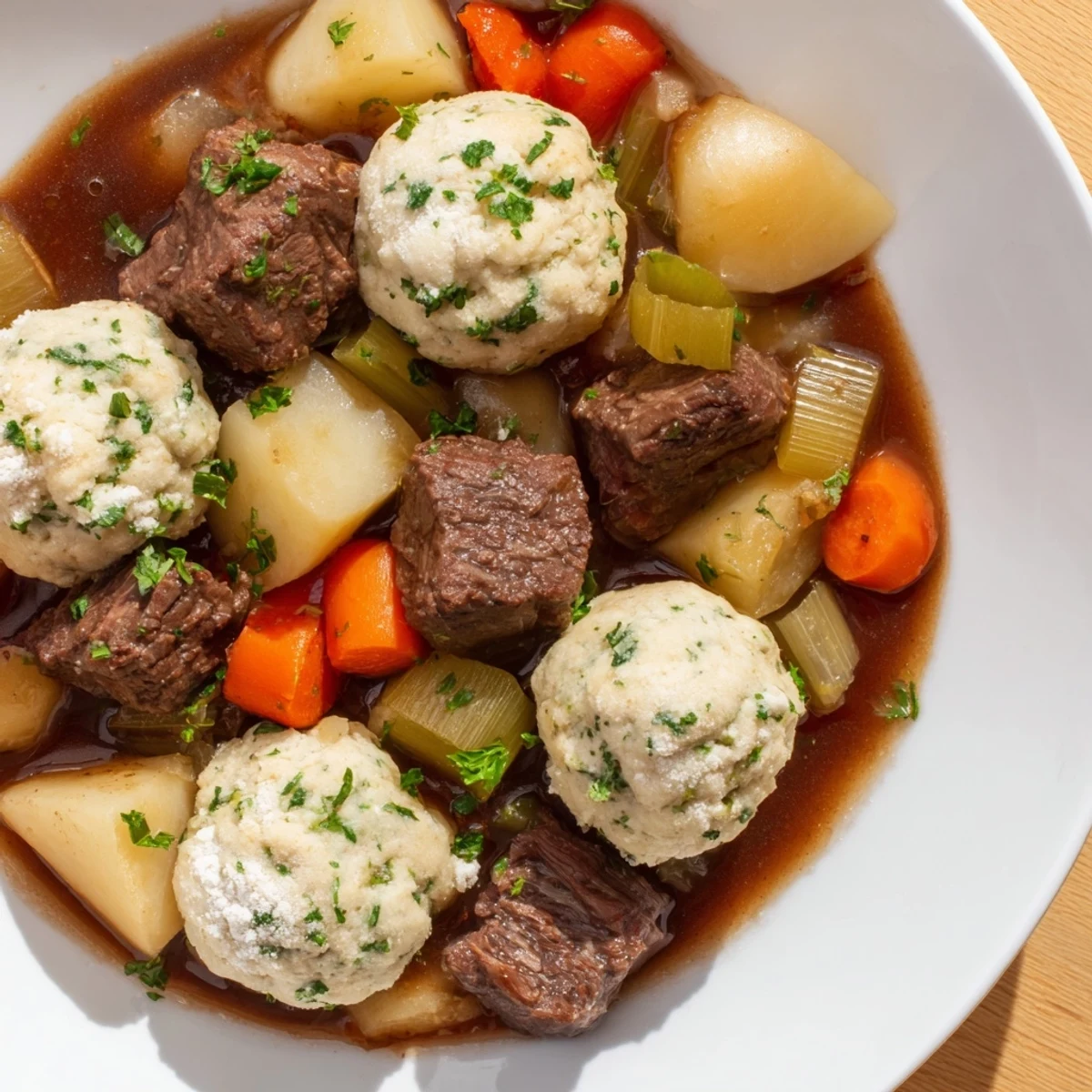 Steam rises from a hearty serving of Irish Beef Stew with Herb Dumplings, revealing Guinness-infused gravy and fresh parsley garnish.