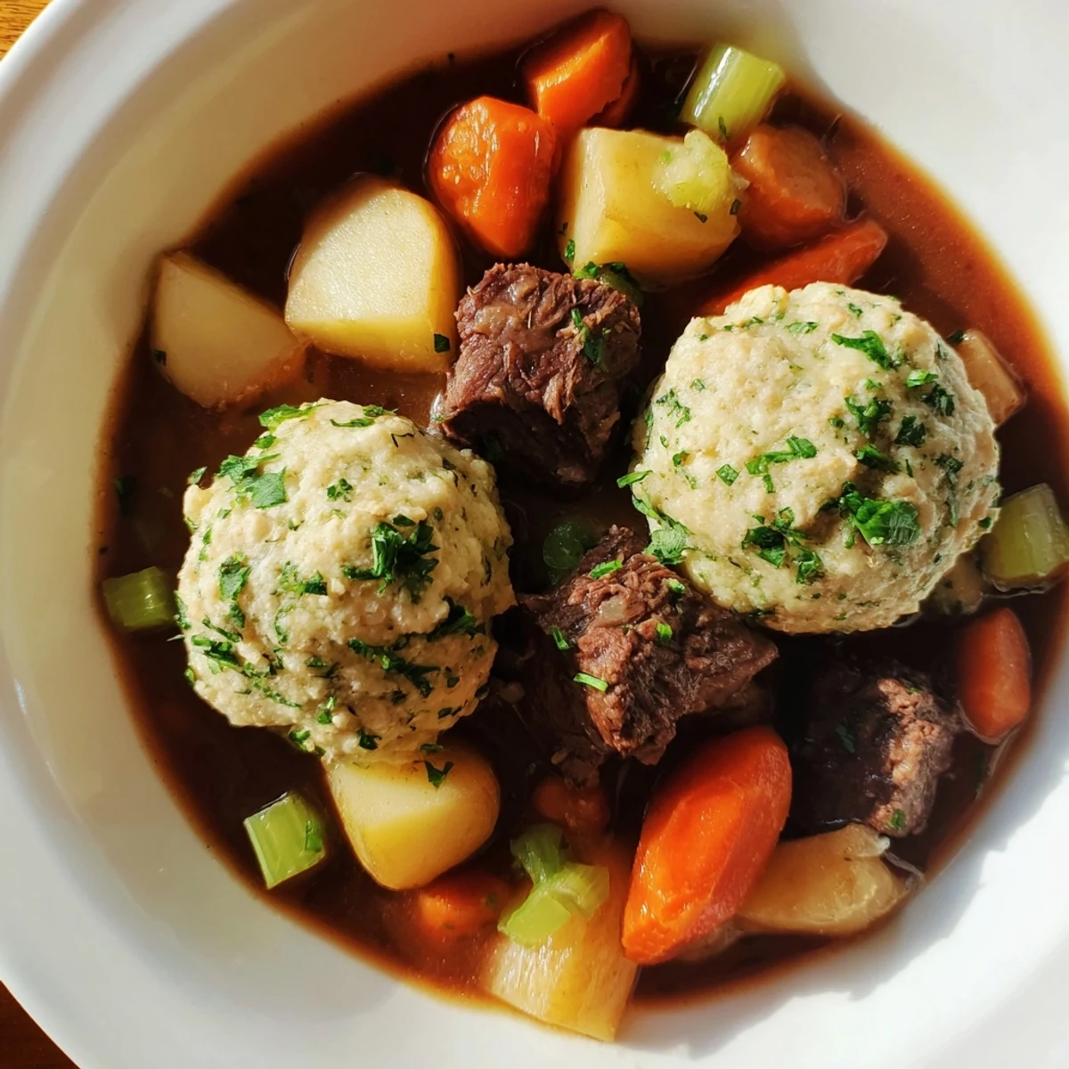 A cozy bowl of Irish Beef Stew with Herb Dumplings features tender beef chunks, chunky root vegetables, and fluffy herb-topped dumplings.