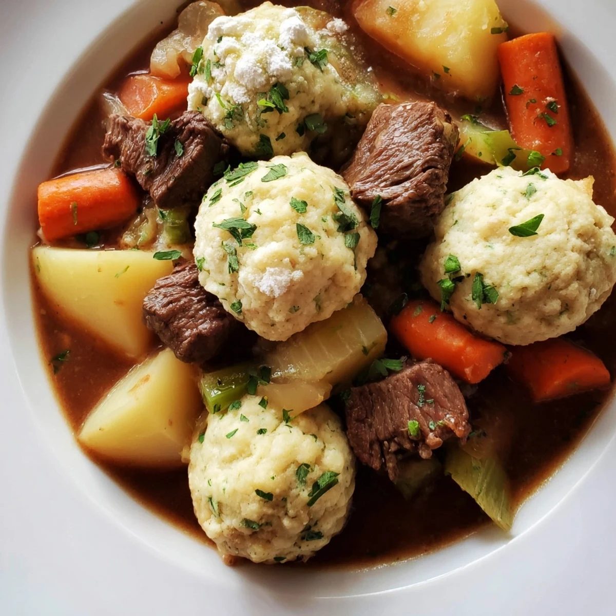 Dutch oven filled with Irish Beef Stew with Herb Dumplings shows golden dumplings nestled over carrots, potatoes, and savory beef broth.