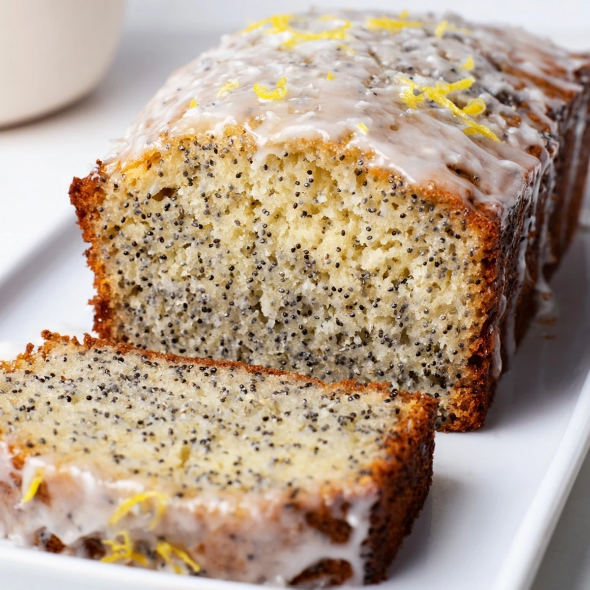 Golden glazed Lemon Poppy Seed Loaf Cake on a white plate with fresh lemon slices nearby.