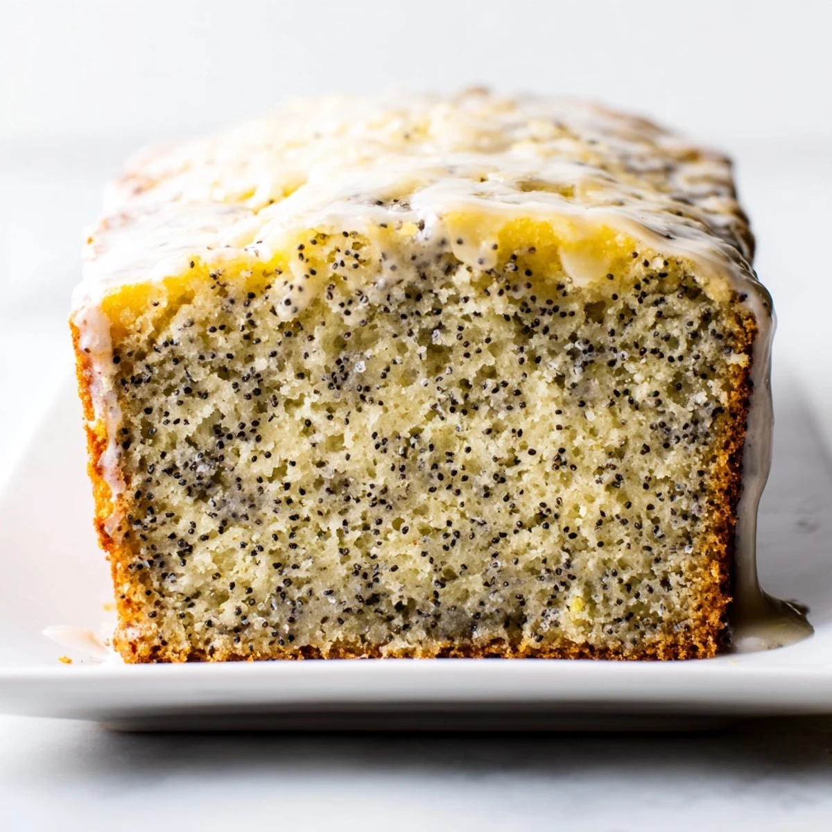 Slice of moist Lemon Poppy Seed Loaf Cake showing tender crumb with glaze drizzled over top.