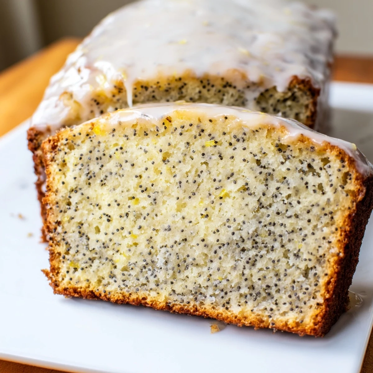 Warm Lemon Poppy Seed Loaf Cake fresh from the oven on a rustic wooden board with lemon zest.
