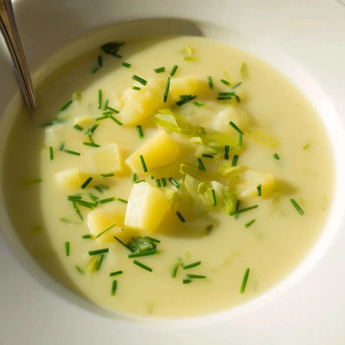 This comforting Creamy Potato and Leek Soup with Cream features a velvety texture, perfect served hot with crusty bread for dipping.
