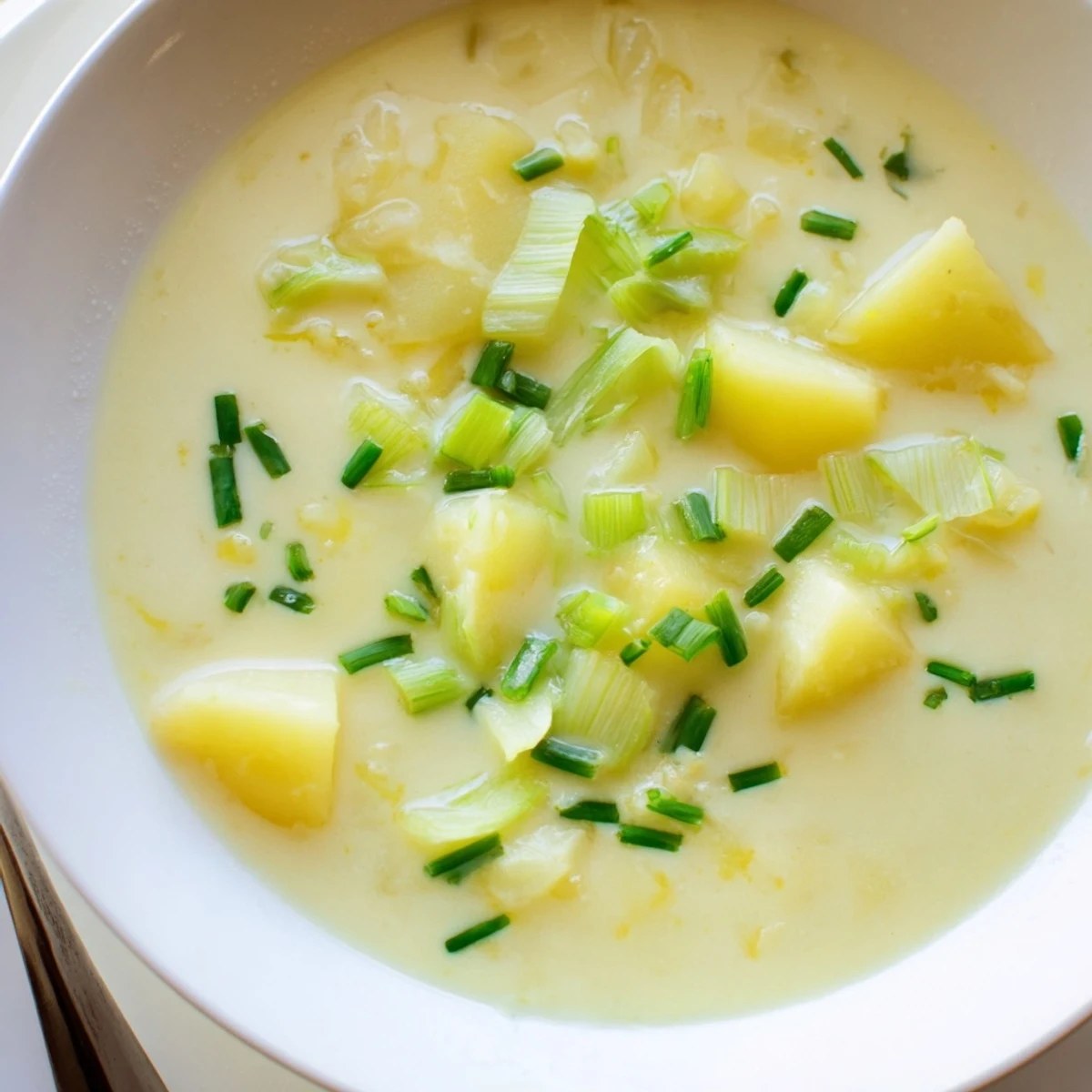 Creamy Potato and Leek Soup with Cream in a white bowl, garnished with fresh chopped chives and a rustic bread slice.