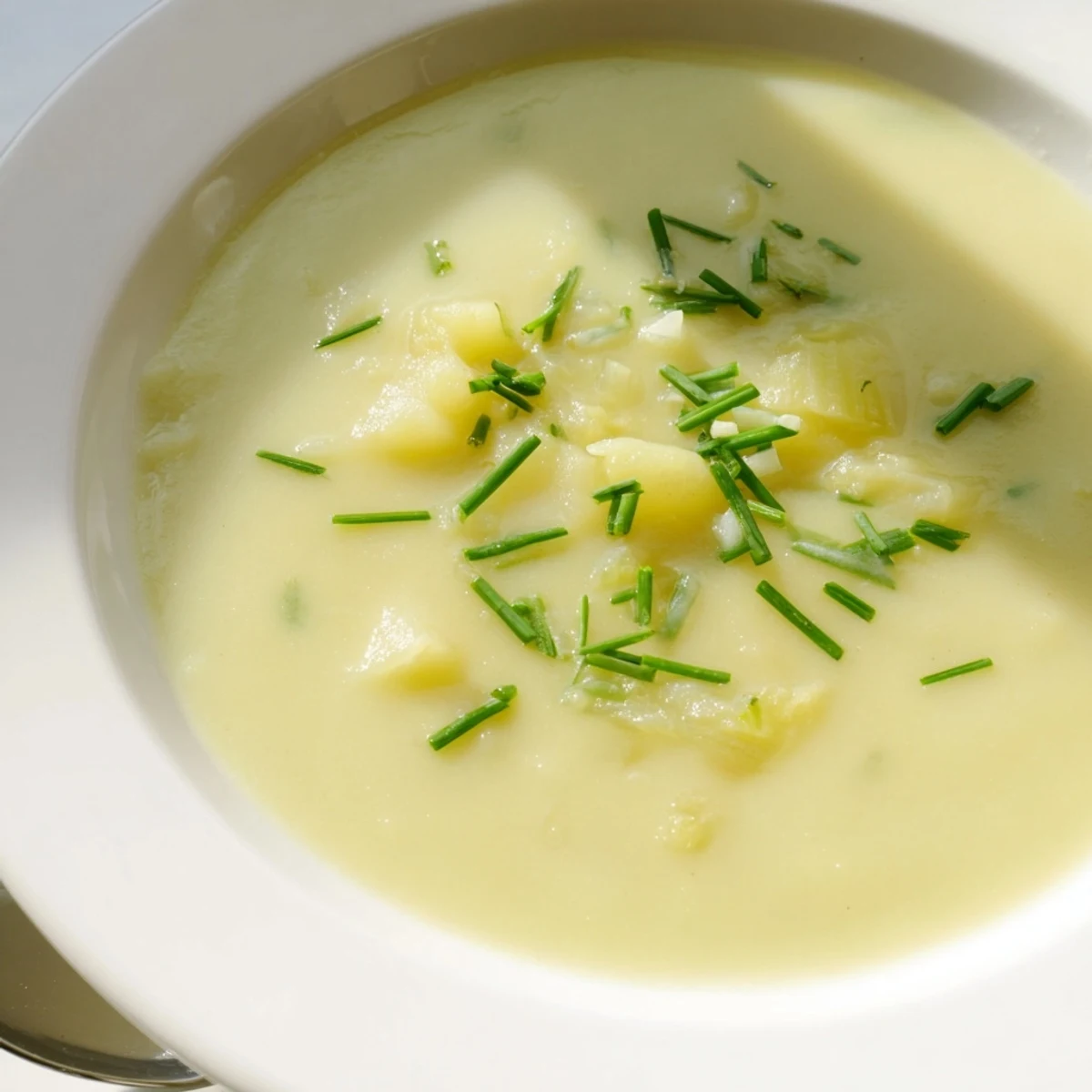A close-up view of Creamy Potato and Leek Soup with Cream, highlighting the smooth, white purée and aromatic leeks.