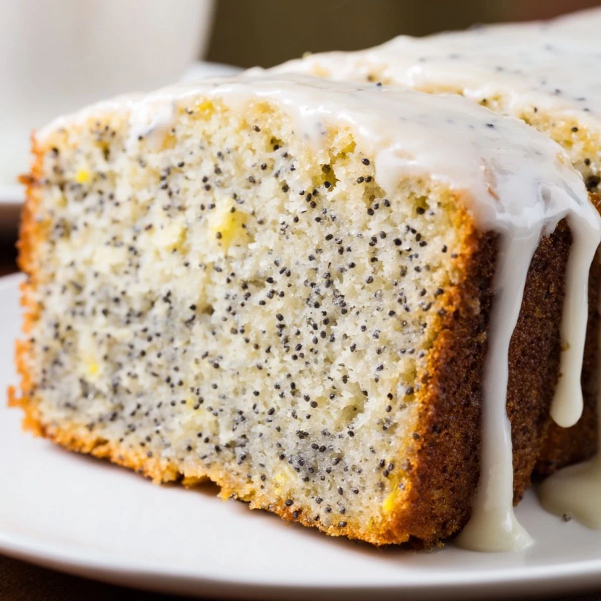 Golden-brown Lemon Poppy Seed Loaf with tender crumb beside fresh lemons and scattered poppy seeds.