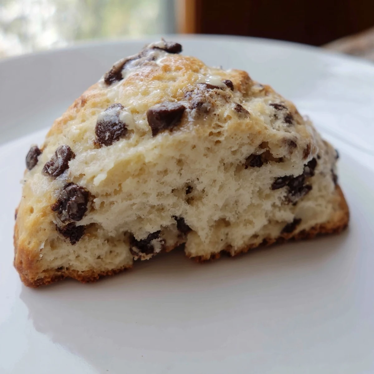 Freshly cut Chocolate Chip Scones are served with a cup of coffee for breakfast.