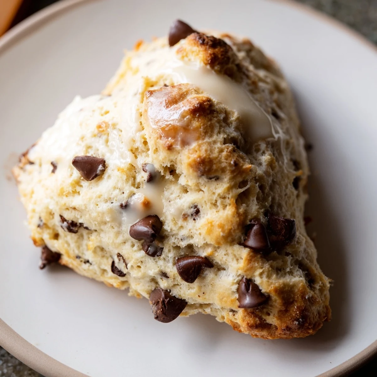 A warm Chocolate Chip Scone reveals melted semisweet chocolate chips on a cooling rack.