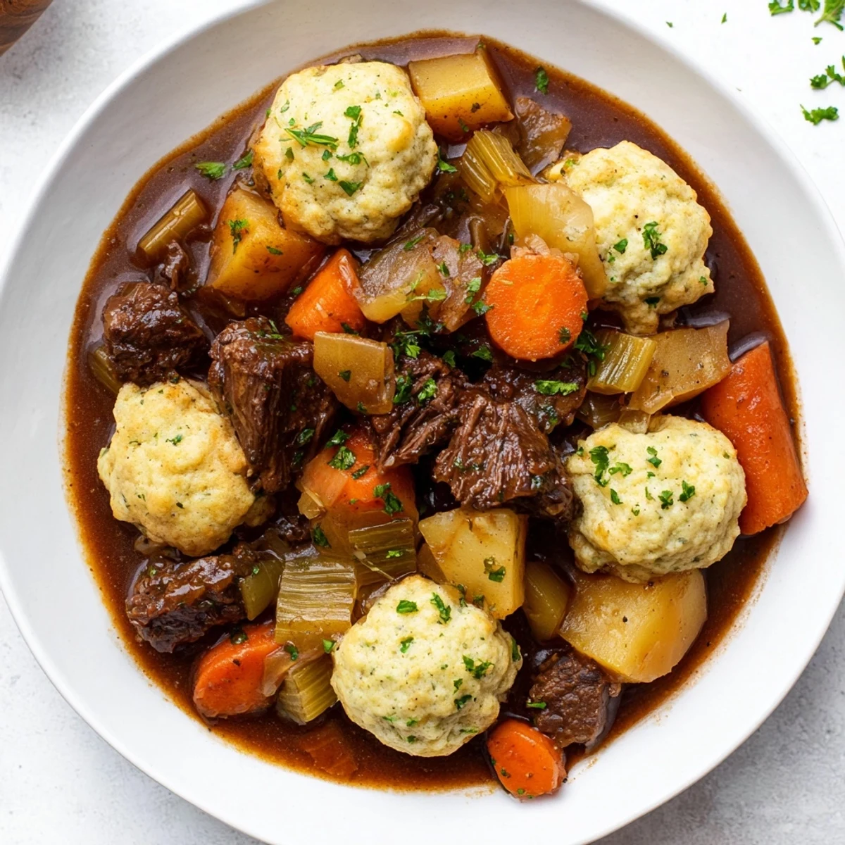 Steaming Irish Beef Stew with Dumplings served in a rustic bowl with hearty root vegetables.