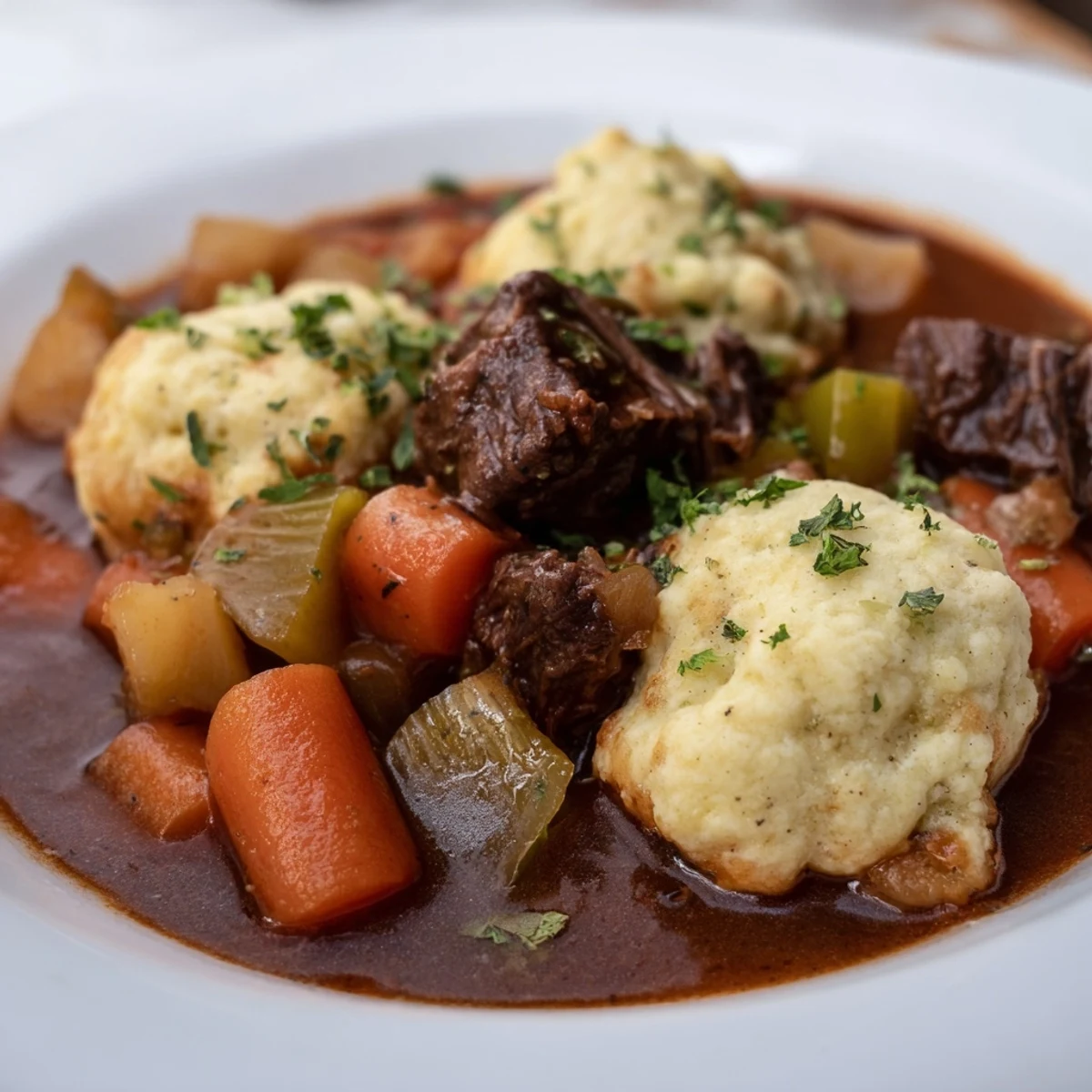 A cozy serving of Irish Beef Stew with Dumplings, garnished with fresh parsley beside crusty bread.