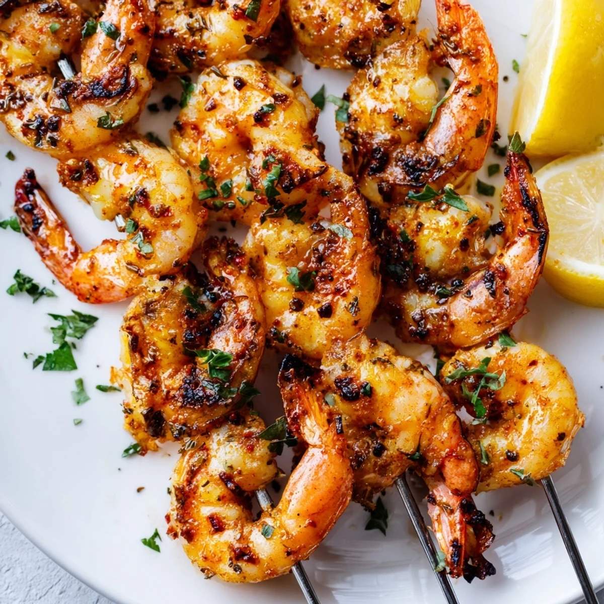 Juicy Cajun Spiced Grilled Shrimp Skewers served on a platter with lemon wedges and fresh parsley garnish.