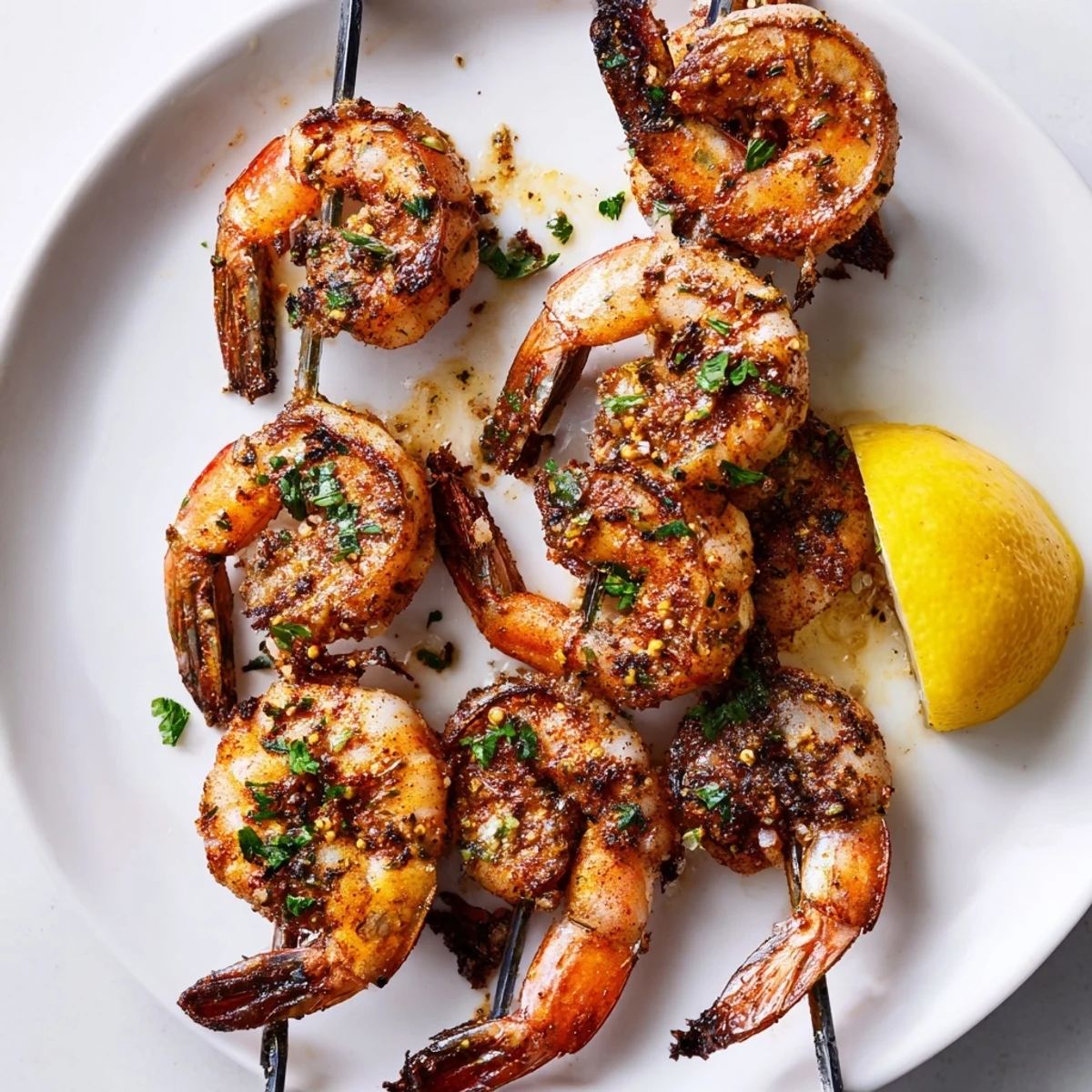 Bright red Cajun Spiced Grilled Shrimp Skewers sizzling on a grill grate, releasing smoky aroma and char marks.