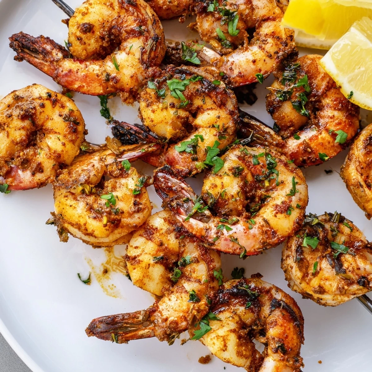 Overhead view of Cajun Spiced Grilled Shrimp Skewers on a plate, showcasing opaque shrimp and vibrant red spices.