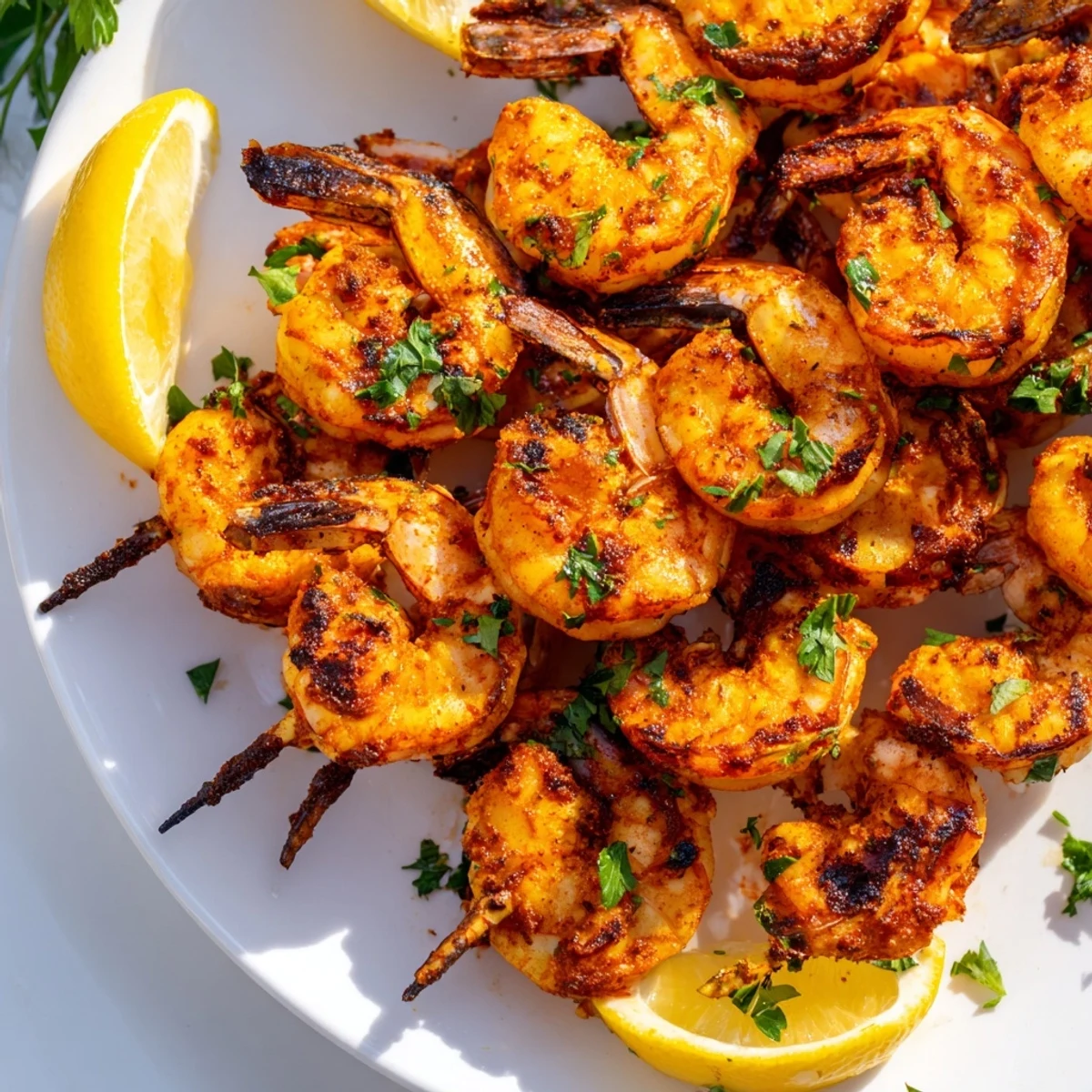 Grilled Cajun Spiced Grilled Shrimp skewers sizzling on the grill, garnished with fresh parsley and lemon wedges for a zesty finish.