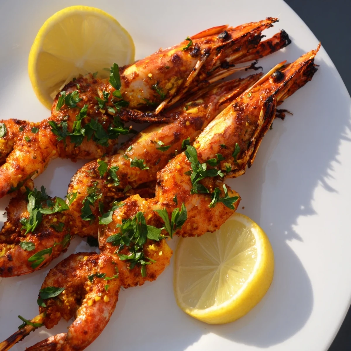 Juicy Cajun Spiced Grilled Shrimp served on a white platter with rice and a colorful side salad for a complete meal.