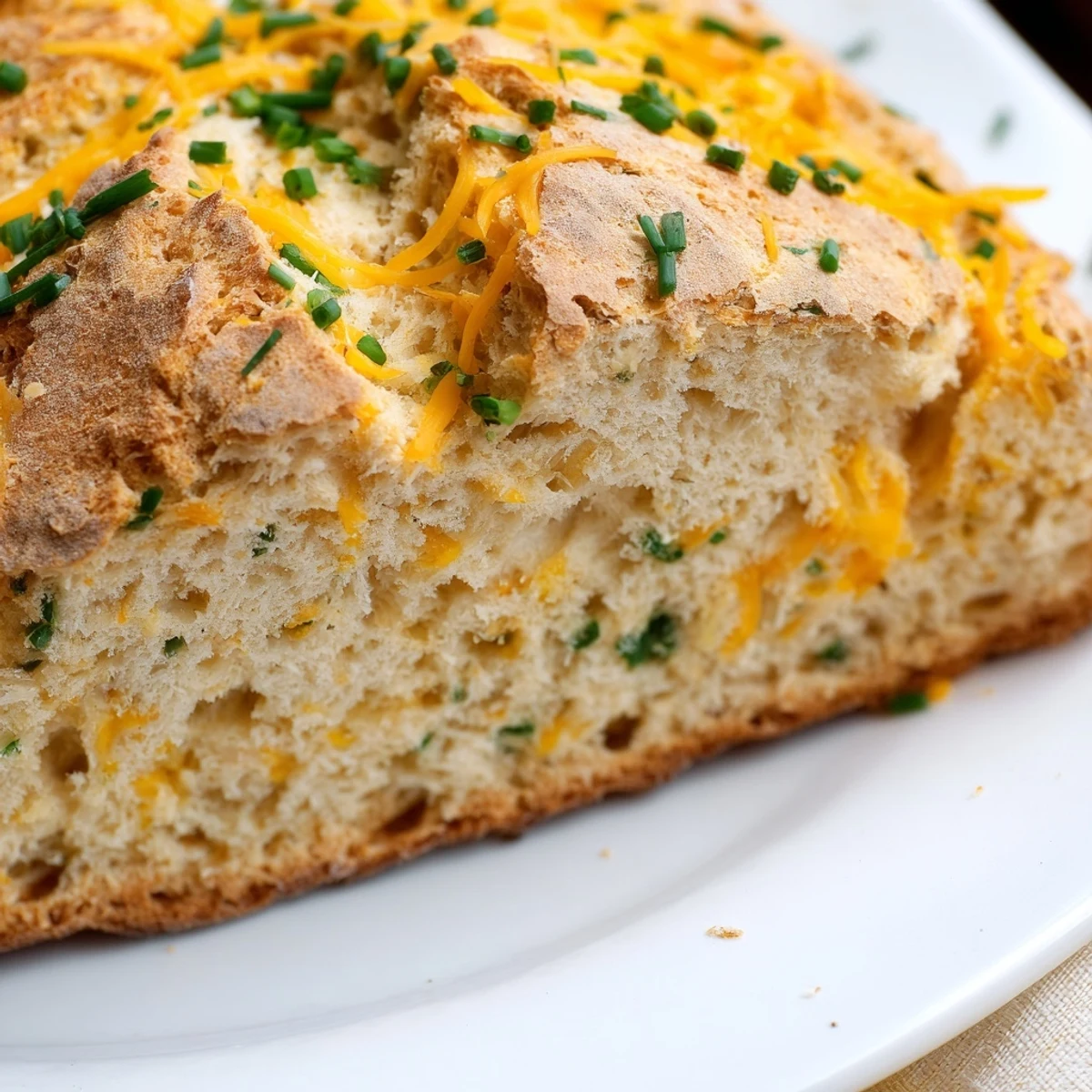 Savory Herbed Cheddar Irish Soda Bread loaf with a deep X cut on top, served warm beside a bowl of creamy soup.