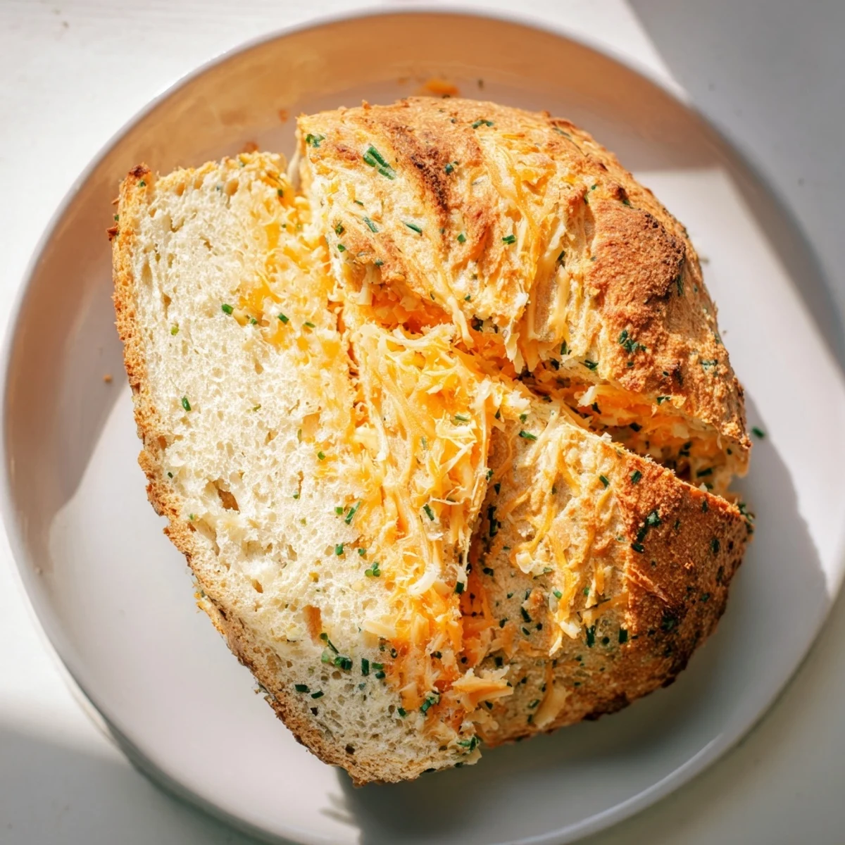 Freshly baked Savory Herbed Cheddar Irish Soda Bread with a crisp, crackly crust and soft interior, sliced and ready for butter.