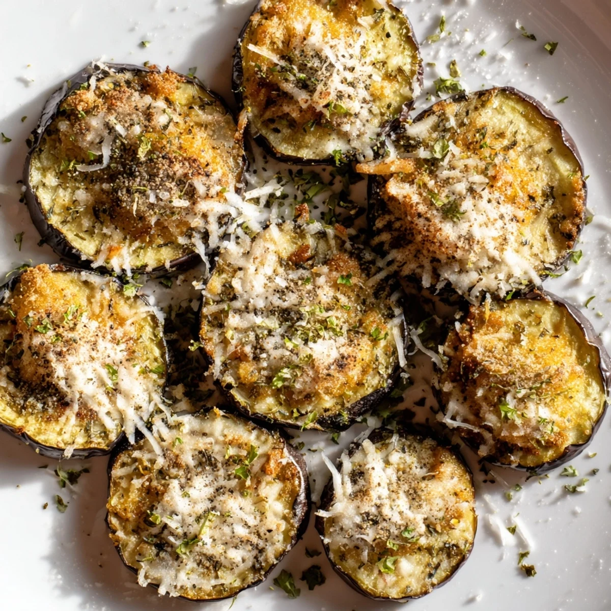 Golden roasted eggplant slices with melted Parmesan and Mediterranean herbs for a savory appetizer.
