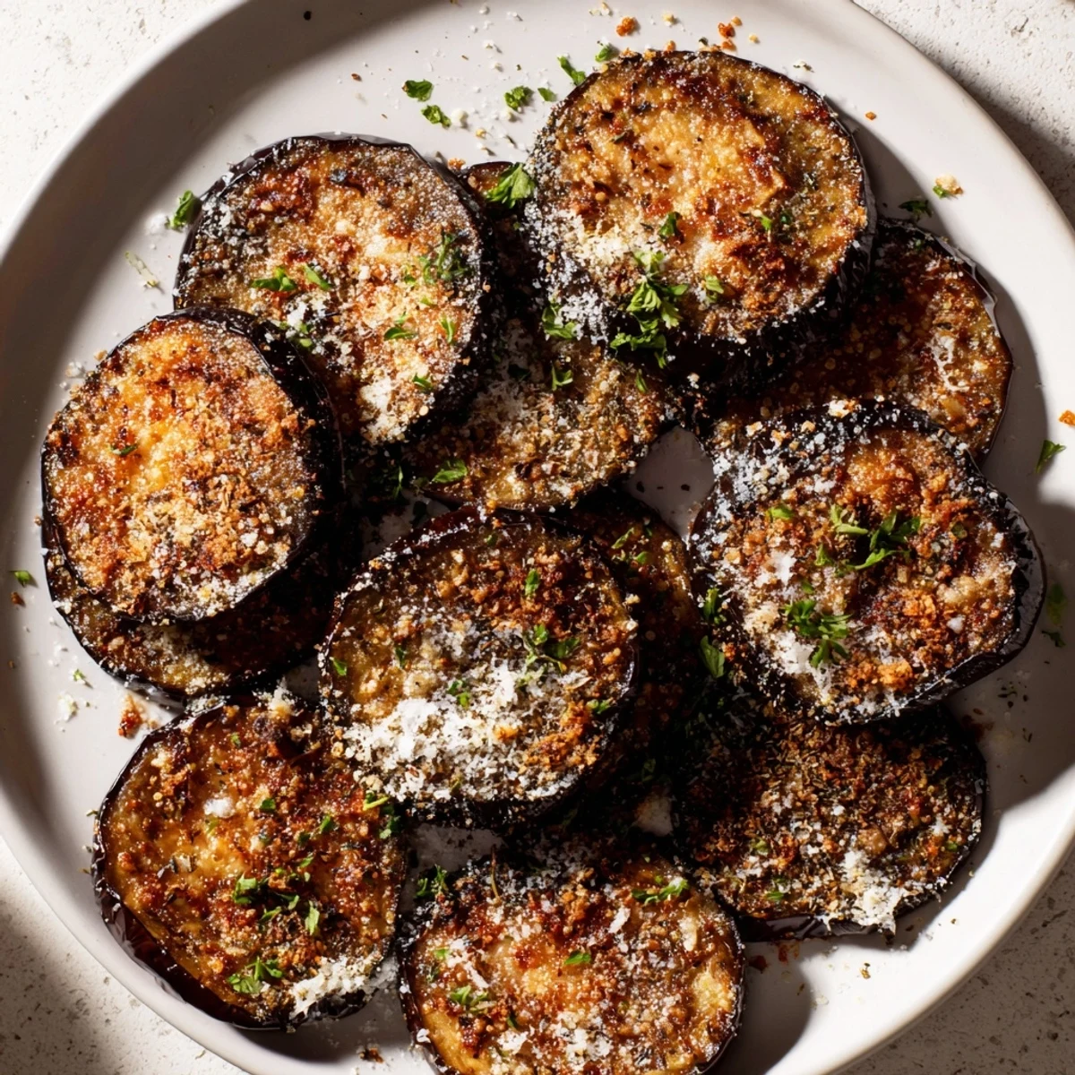 Crispy, gluten-free Mediterranean Roasted Eggplant & Parmesan Crisps on a plate, ready to snack.