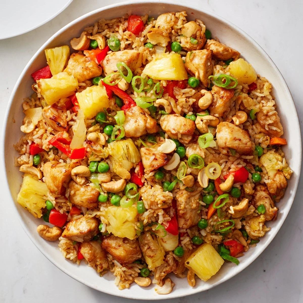 Golden Pineapple Chicken Fried Rice with Cashews in a colorful bowl, garnished with fresh green onions and lime wedges.