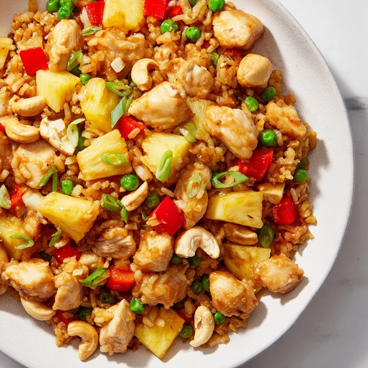 A close-up of Pineapple Chicken Fried Rice with Cashews, featuring tender chicken chunks and sweet pineapple tidbits.