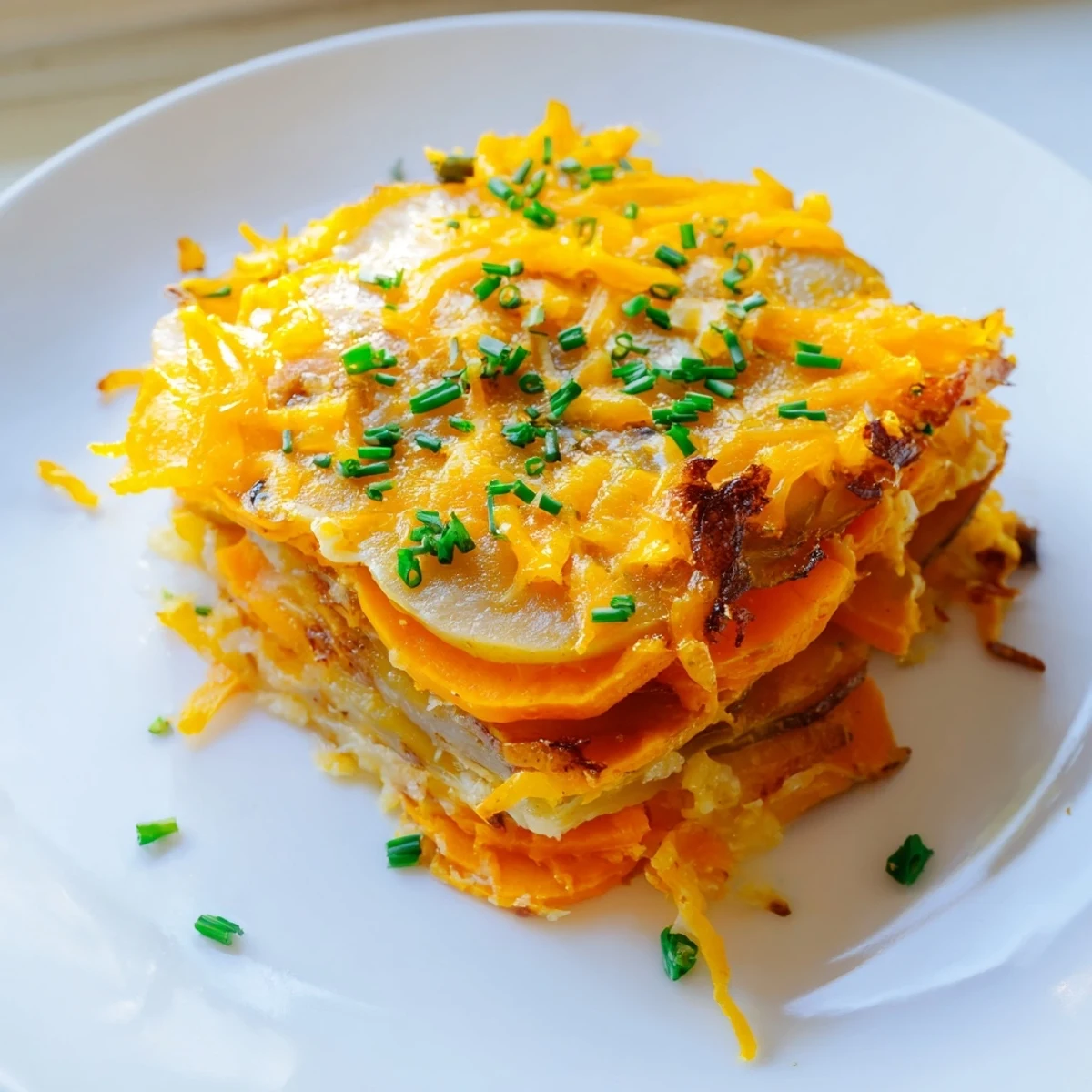 Golden-brown Cheesy Sweet Potato Gratin with Caramelized Onions Delight bubbling from the oven, served in a white dish.  