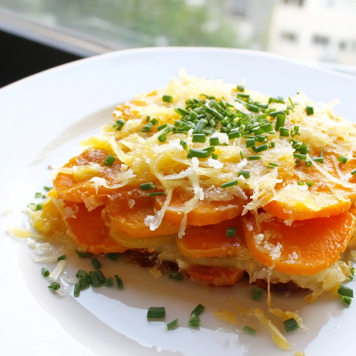 Close-up of Cheesy Sweet Potato Gratin with Caramelized Onions Delight revealing creamy layers and caramelized onion ribbons.