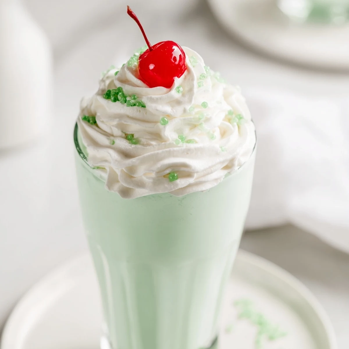 Creamy homemade copycat Shamrock Shake with whipped cream and green sprinkles, served in a tall glass on a sunny kitchen table.