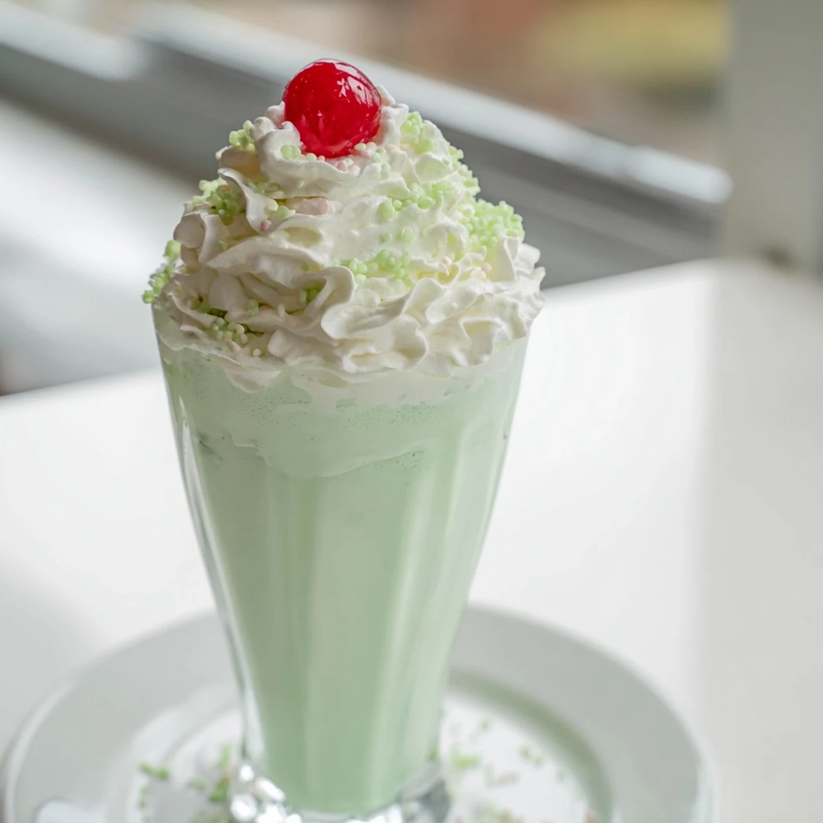 Refreshing homemade copycat Shamrock Shake blended smooth, topped with whipped cream and green sprinkles, perfect for a cool, sweet treat.