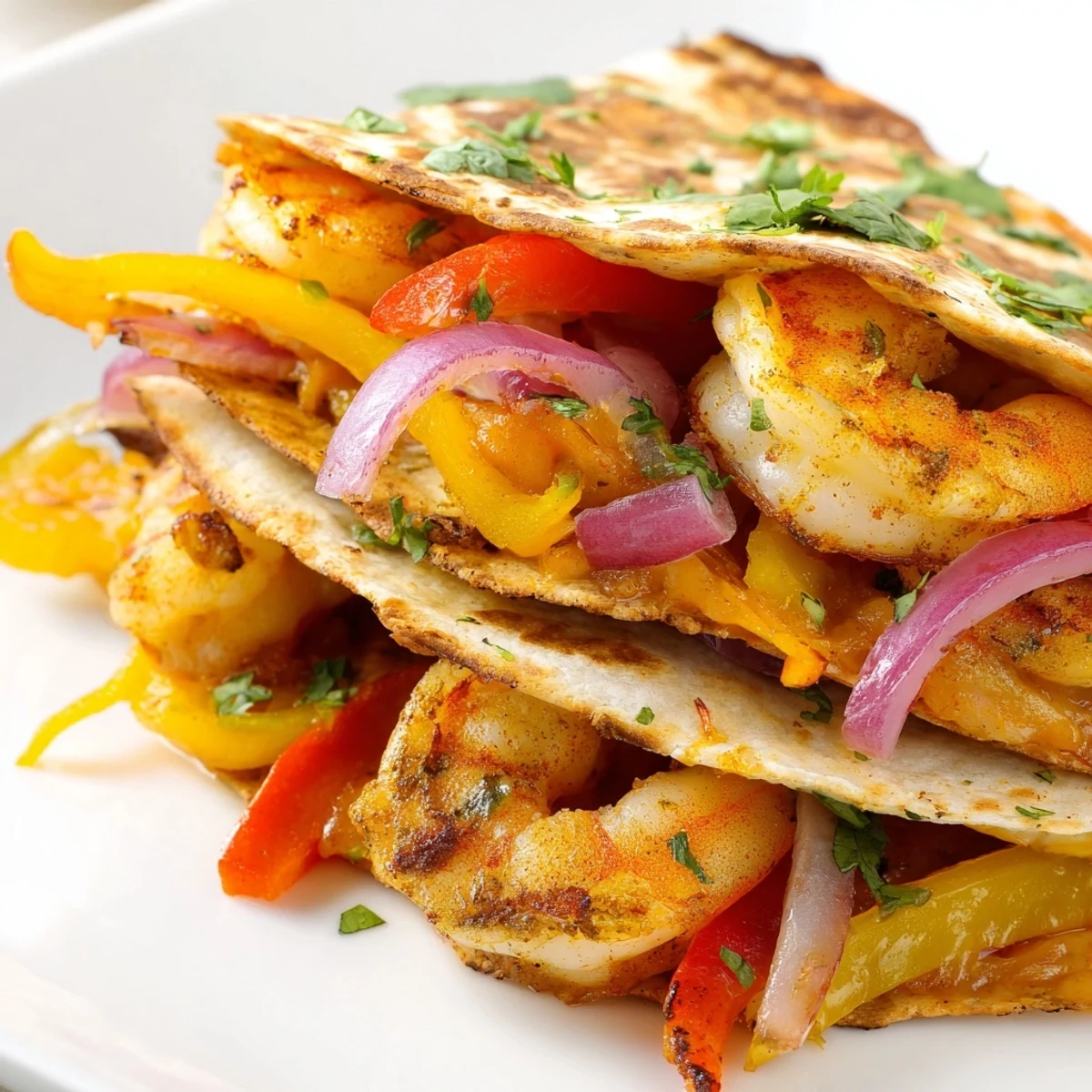 Golden-baked Shrimp Fajita Sheet Pan Quesadillas with melted cheese and colorful peppers resting on a wooden board.
