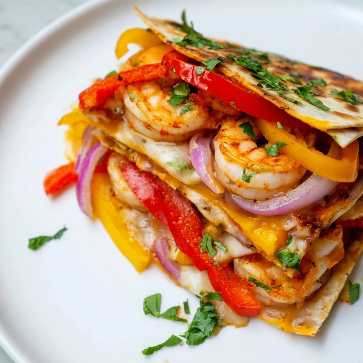 Freshly cooked Shrimp Fajita Sheet Pan Quesadillas are served with creamy avocado slices and a side of zesty salsa.