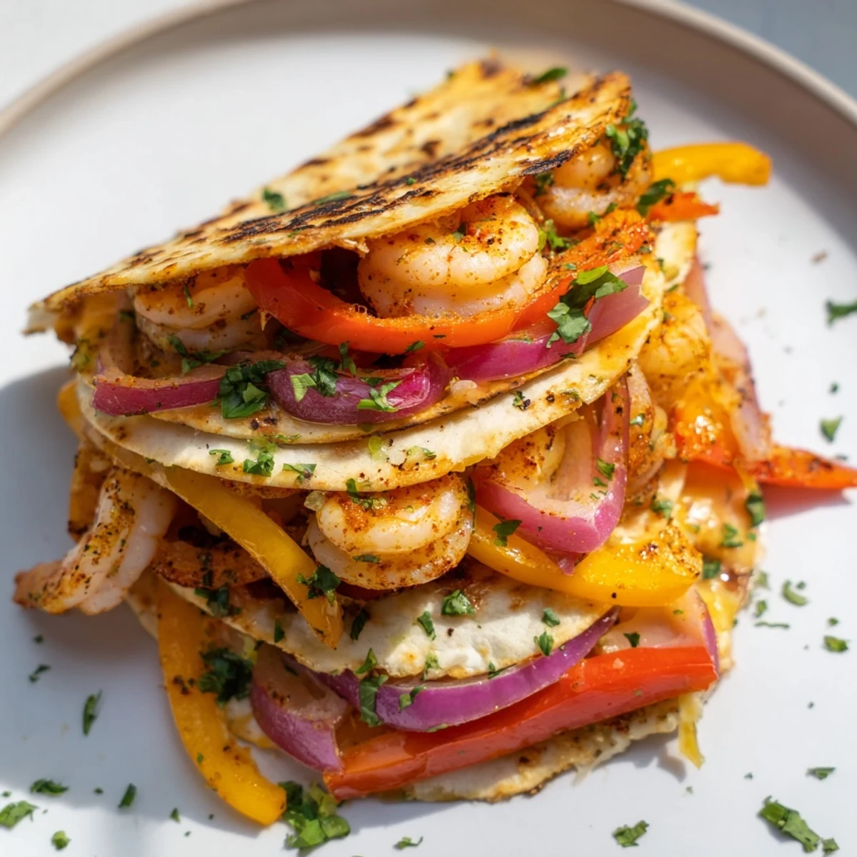 Close-up of crispy Shrimp Fajita Sheet Pan Quesadillas highlighting succulent shrimp and roasted peppers in every cheesy wedge.