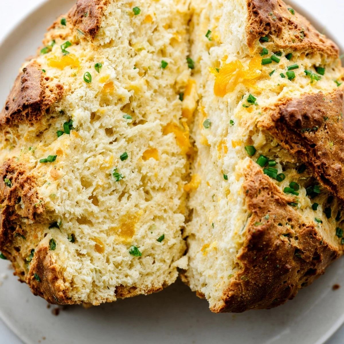 A warm slice of Savory Cheddar & Chive Irish Soda Bread beside a steaming bowl of tomato soup for cozy dipping.