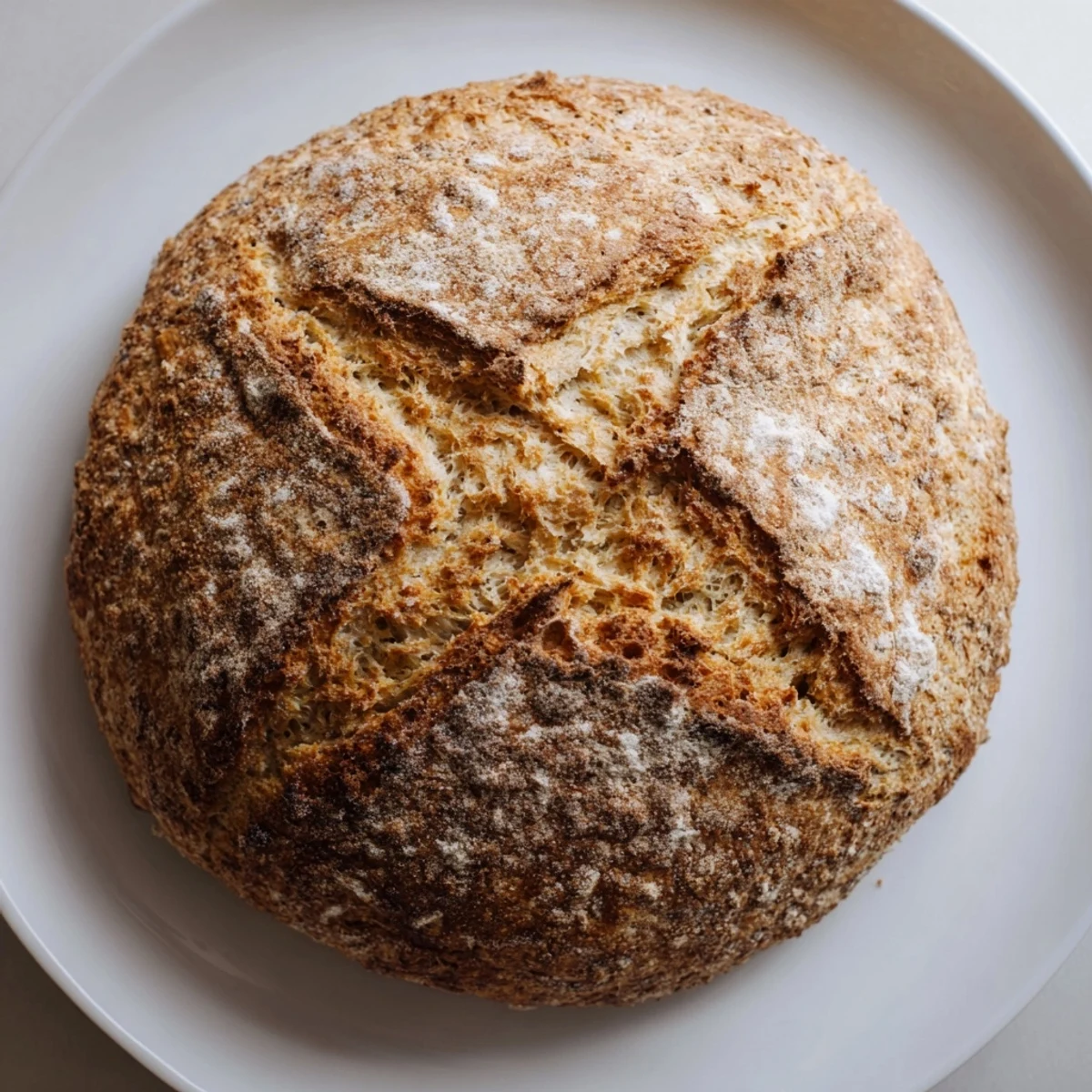 A close-up of Authentic 4-Ingredient Irish Soda Bread showing a tender, crumbly interior and deep cross cut.